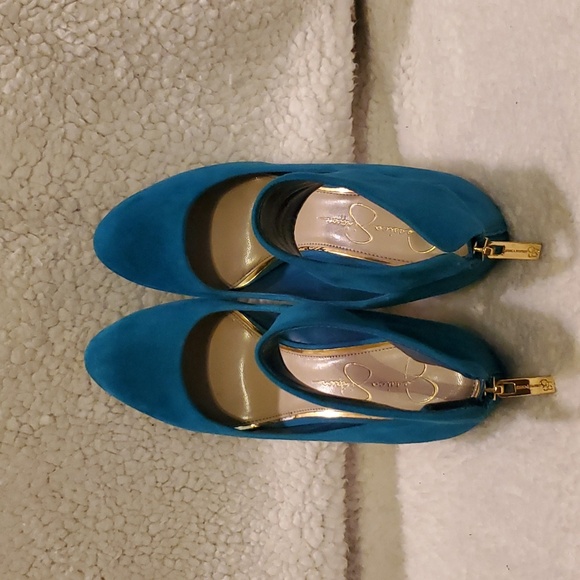 Jessica Simpson Ankle Cuff Suede Stiletto Heels ~ Peacock Blue - Picture 6 of 8